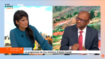Capture d'écran de l’entretien d’Abdoulaye Yero Baldé du 2 décembre sur le plateau de TV5 Monde.